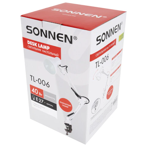 Настольная лампа-светильник SONNEN TL-006, струбцина, 40 Вт, Е27, белый, высота 50 см, 237649