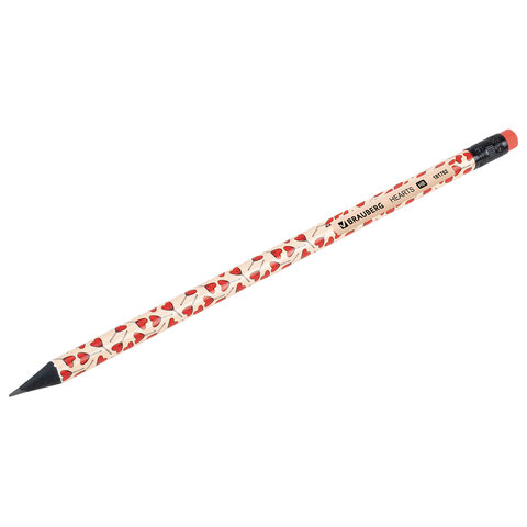 Карандаш чернографитный BRAUBERG "HEARTS", 1 шт., HB, с ластиком, корпус ассорти, 181762
