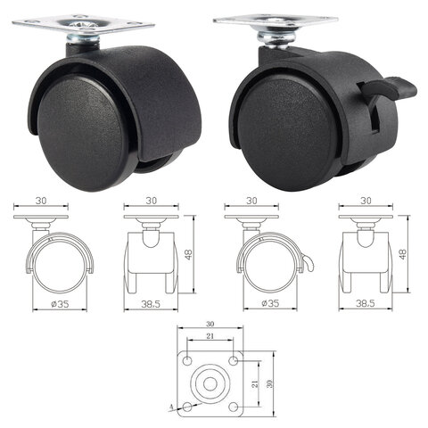 Колеса (ролики) для мебели, пластиковые d 35 мм, КОМПЛЕКТ 4 шт., черные, в пакете, WBZ (ВБЗ), 533090