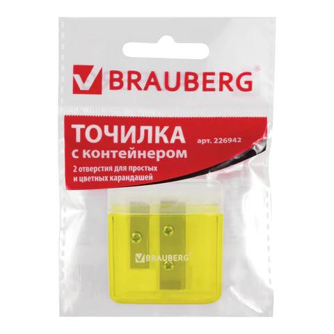 Точилка BRAUBERG "Chief", 2 отверстия для чернографитных и цветных карандашей, с контейнером, с крышкой, ассорти, 226942