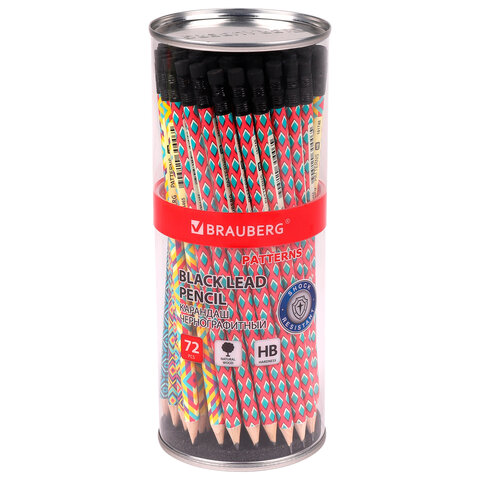 Карандаш чернографитный BRAUBERG "PATTERNS", 1 шт., HB, с ластиком, корпус ассорти, 181748
