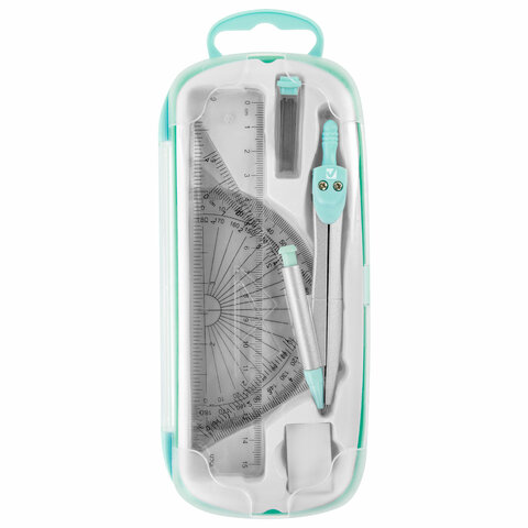 Готовальня BRAUBERG SCHOOL KIT, 9 предметов, циркуль 125 мм, чертежные принадлежности, мятный цвет, 210716