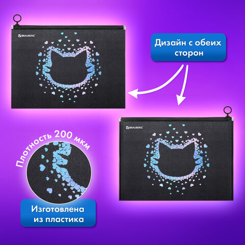 Папка для тетрадей BRAUBERG А4, 1 отделение, пластик, на zip-lock молнии, "Pretty face", 273319