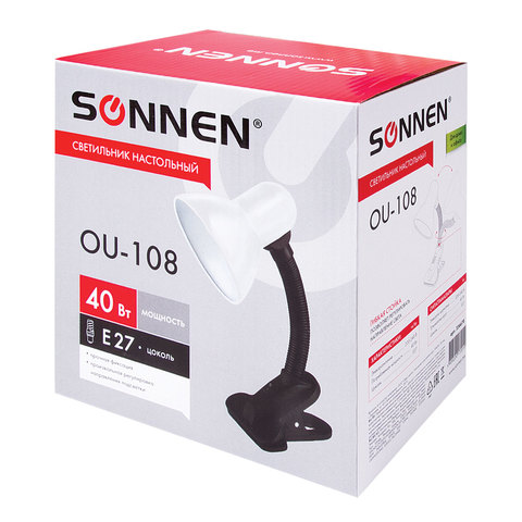 Настольная лампа / светильник SONNEN OU-108, на прищепке, цоколь Е27, белый, 236678