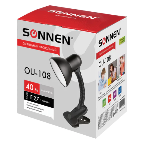 Настольная лампа / светильник SONNEN OU-108, на прищепке, цоколь Е27, черный, 236679