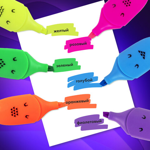 Набор текстовыделителей мини 6 ЦВЕТОВ BRAUBERG KIDS "CUTE CATS NEON", линия 1-5 мм, 152435