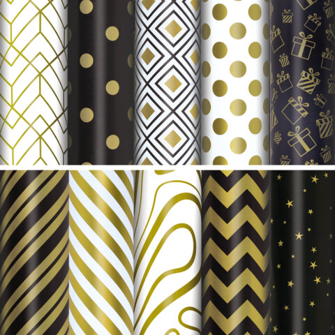 Бумага упаковочная подарочная мелованная "Golden pattern", 70x100 см, 10 дизайнов ассорти, ЗОЛОТАЯ СКАЗКА, 591912