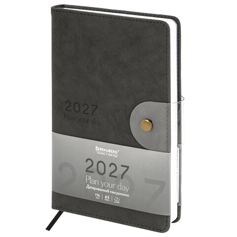 Ежедневник датированный 2027, А5, 138х213 мм, BRAUBERG "Solana", под кожу, кнопка, черный, 118218