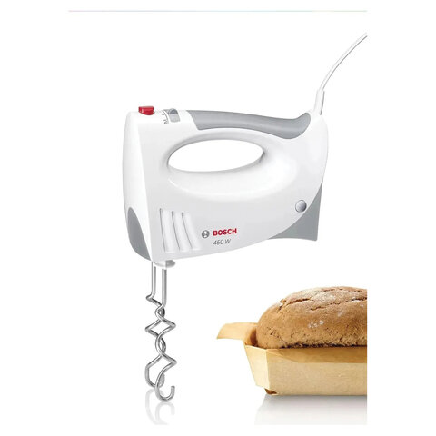 Миксер BOSCH MFQ 3540, 450 Вт, 5 скоростей, 2 венчика, 2 крюка для теста, стакан, белый, MFQ3540