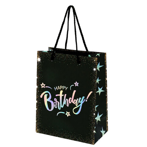 Пакет подарочный (1 штука) 18х10х23 см (M), "Happy Birthday", ассорти, глиттер, фольга, ЗОЛОТАЯ СКАЗКА, 700806
