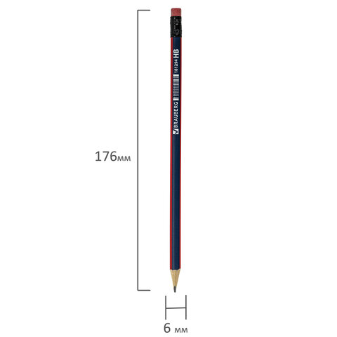 Карандаш чернографитный BRAUBERG, 1 шт., "Stripes", HB, трехгранный, с ластиком, корпус синий/красный, 181294