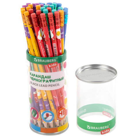 Карандаш чернографитный с принтом BRAUBERG KIDS "FOOD", 1 шт., HB, с ластиком, корпус ассорти, 182018