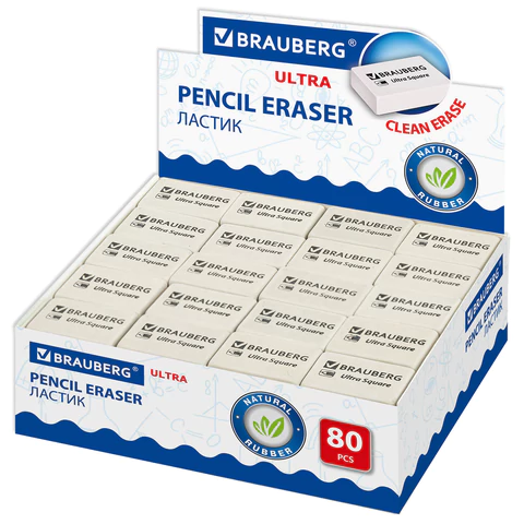Ластик BRAUBERG "Ultra Square", 26х18х8 мм, белый, натуральный каучук, 228707