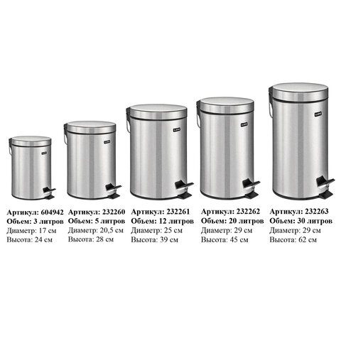 Ведро мусорное с педалью 12 литров "Classic", ЗЕРКАЛЬНОЕ, нержавеющая сталь, со съемным внутренним ведром, LAIMA, 232261