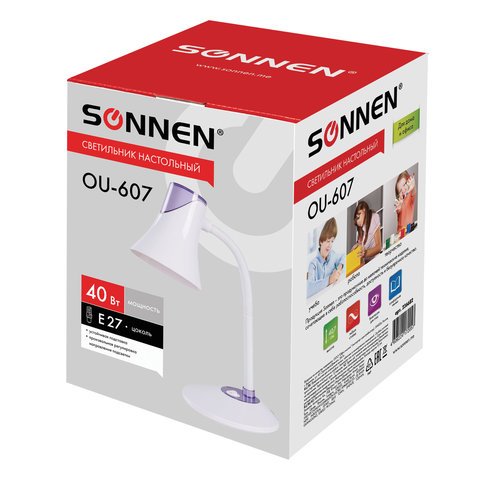 Настольная лампа / светильник SONNEN OU-607, на подставке, цоколь Е27, белый/фиолетовый, 236682