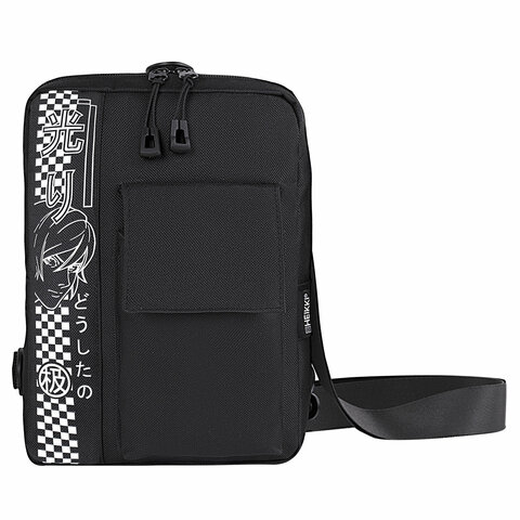 Сумка на плечо HEIKKI TORRENT (ХЕЙКИ) с карманом, "Anime face", черная, 25х18х3 см, 272637