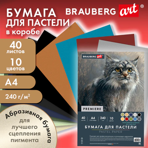 Бумага для пастели АБРАЗИВНАЯ А4 в коробке, 40 листов, 10 цветов, 240 г/м2, BRAUBERG ART, 117767