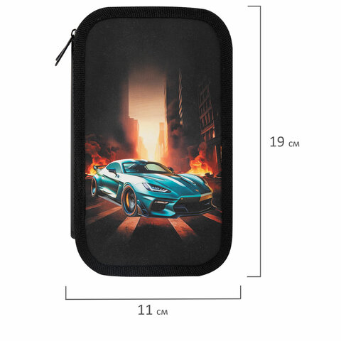 Пенал ЮНЛАНДИЯ, 3 отделения, картон с эффектом soft-touch, 19х11 см, "Fire car", 272267
