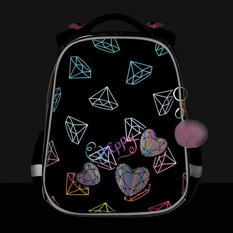 Ранец BRAUBERG LUMINOUS, 2 отделения, с брелоком, "Diamonds", СВЕТЯЩИЙСЯ РИСУНОК, 38х29х16 см, 272070