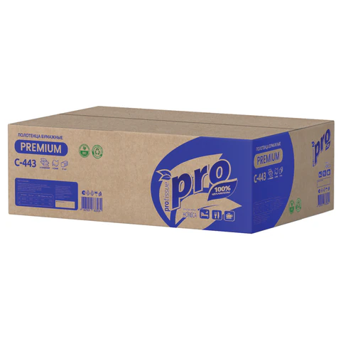 Полотенца бумажные 190 шт., PROtissue (H2) PREMIUM, 2-слойные, белые, КОМПЛЕКТ 21 пачка, 24х21,5 см, Z-сложение, С443