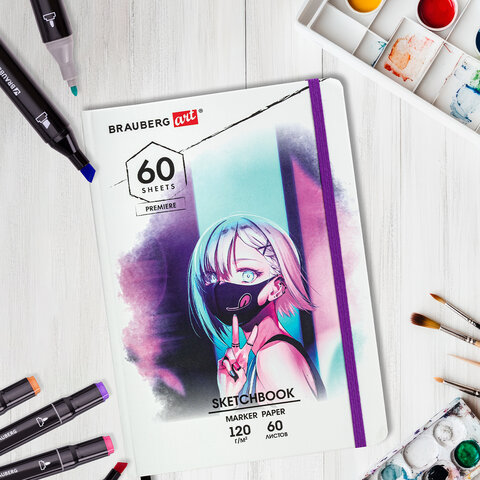 Скетчбук для маркеров 120 г/м2, 148х210 мм, 60 л., твердая обложка, резинка, BRAUBERG ART PREMIERE, Аниме, 115102