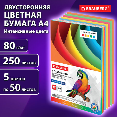 Бумага цветная BRAUBERG, А4, 80 г/м2, 250 л. (5 цветов х 50 листов), интенсив, для офисной техники, 112464