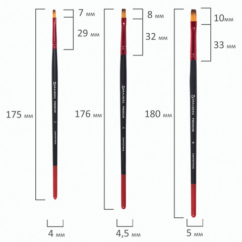Кисти BRAUBERG PREMIUM, набор 10 шт. (синтетика, круглые № 1, 2, 3, 5, 8, плоские № 2, 4, 6, 8, 10), 201027