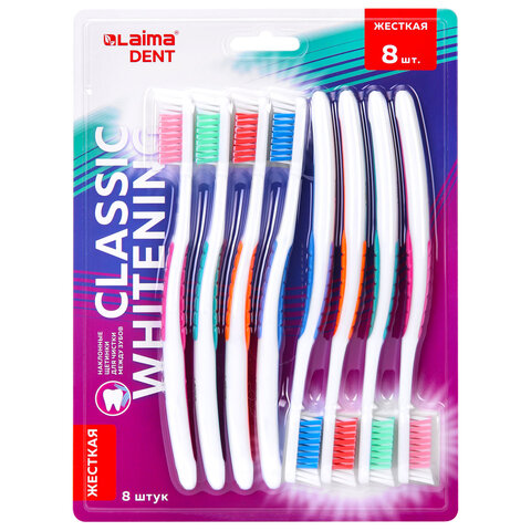 Зубная щетка жесткая CLASSIC WHITENING, безопасное отбеливание, КОМПЛЕКТ 8 шт., LAIMA DENT, 609315