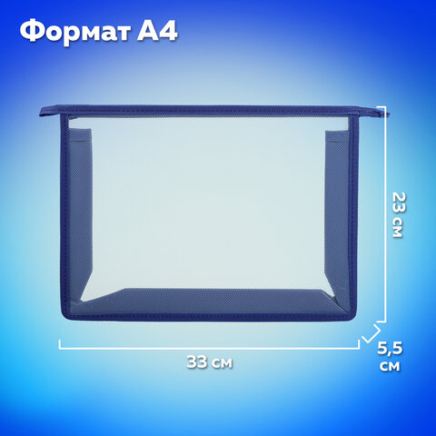 Папка для тетрадей А4 ПИФАГОР, пластик, молния сверху, прозрачная, синий, 272109