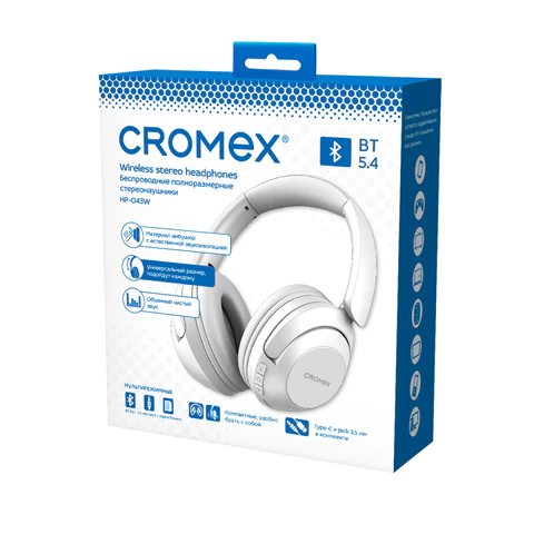 Наушники беспроводные полноразмерные складные раздвижные, CROMEX (КРОМЕКС) HP-043W, Bluetooth 5.4, белые, 514120