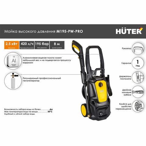 Минимойка HUTER M195-PW-PRO, мощность 2,5 кВт, давление 195 бар, шланг 8 м, 70/8/17