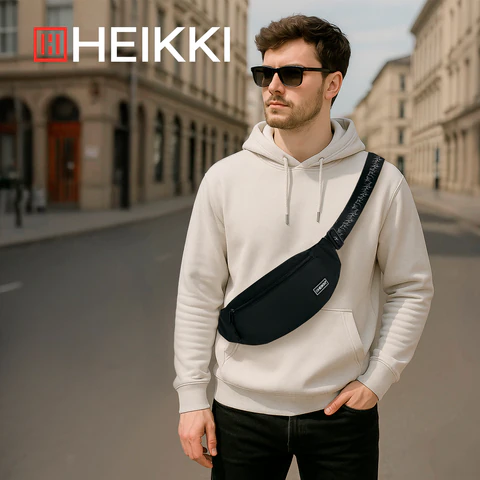 Сумка на пояс HEIKKI RIO (ХЕЙКИ), два отделения, регулируемый ремень, черная с белым, 38х12х8 см, 272617