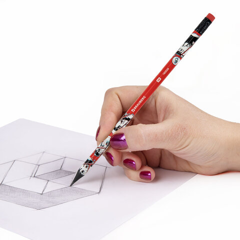 Карандаш чернографитный с принтом BRAUBERG "RED ANIME", 1 шт., HB, с ластиком, корпус ассорти, 182026