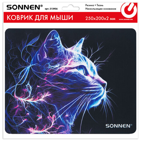 Коврик для мыши SONNEN "NEON CAT" резина + ткань, 250х200х2 мм, 513956