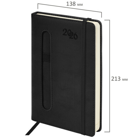 Ежедневник датированный 2026, А5, 138x213 мм, BRAUBERG "Optimal", под кожу, резинка, держатель для ручки, черный, 117465