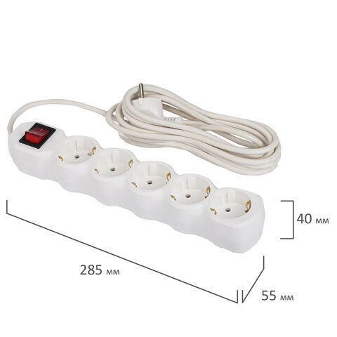 Сетевой фильтр СУ10-005 5 розеток, с заземлением, выключатель, 16 А, 3 м, белый, 7044