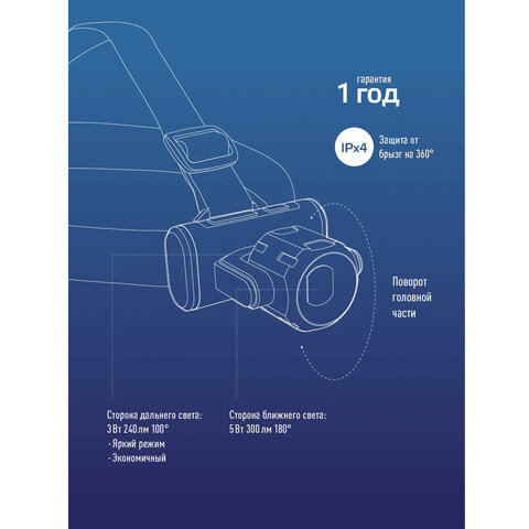 Фонарь налобный аккумуляторный КОСМОС, 5 Вт, COB, Li-ion, 3 режима, заряд от USB, KOCH5WLi-On
