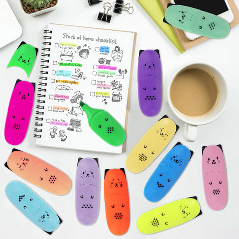 Набор текстовыделителей мини 12 ЦВЕТОВ BRAUBERG KIDS "CUTE CATS", линия 1-5 мм, 152437