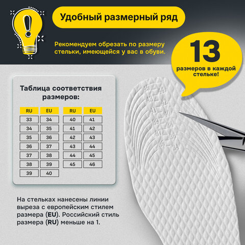Стельки для обуви впитывающие от пота и запаха, КОМПЛЕКТ 5 пар, размер RU 33-45 / EU 34-46, с линиями выреза, SHEGRA (ШЕГРА), 700729