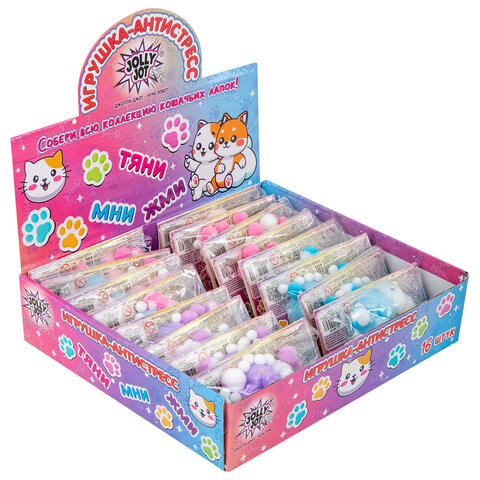 Игрушка-антистресс "ЦВЕТНАЯ КОШАЧЬЯ ЛАПКА С ПОМПОНАМИ", 7х6 см, ассорти 4 вида, дисплей, JOLLY JOT (ДЖОЛЛИ ДЖОТ), 665770