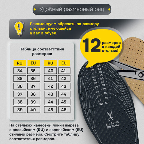 Стельки для обуви ВЛАГОВПИТЫВАЮЩИЕ, УНИВЕРСАЛЬНЫЙ размер RU 34-45 / EU 35-46, с линиями выреза, SHEGRA (ШЕГРА), 700735
