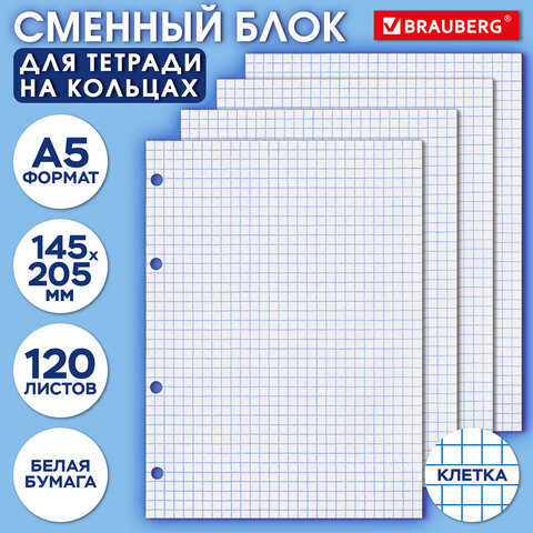 Сменный блок для тетради на кольцах, А5, 120 л., BRAUBERG, "Белый", 403260