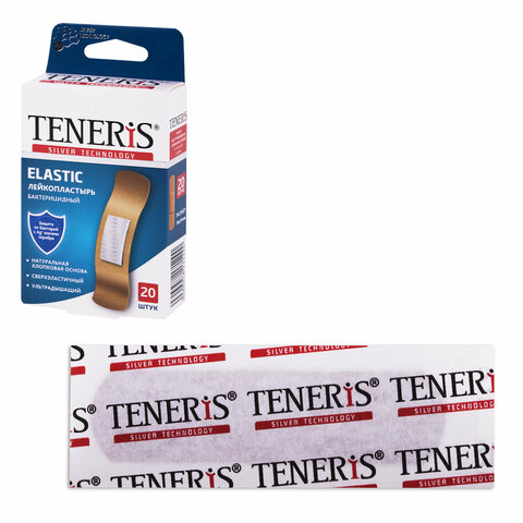 Набор пластырей 20 шт. TENERIS ELASTIC, эластичный, на тканевой основе, бактерицидный с ионами серебра, коробка с европодвесом, 0208-029