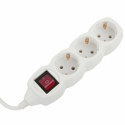 Удлинитель сетевой SONNEN U-133GS, 3 розетки, c заземлением, выключатель, 10 А, 3 м, белый, 511434