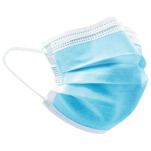 Маска медицинская одноразовая, КОМПЛЕКТ 100 шт., короб, 3-х слойный фильтр СМС, голубая, ГЕКСА