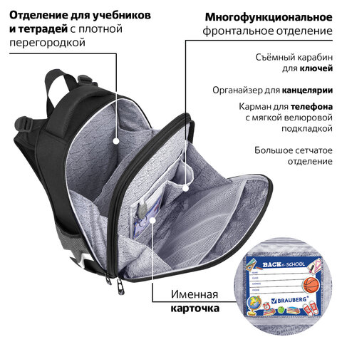 Ранец BRAUBERG PREMIUM, 2 отделения, с брелком, "Fast car", 38х29х16 см, 270600