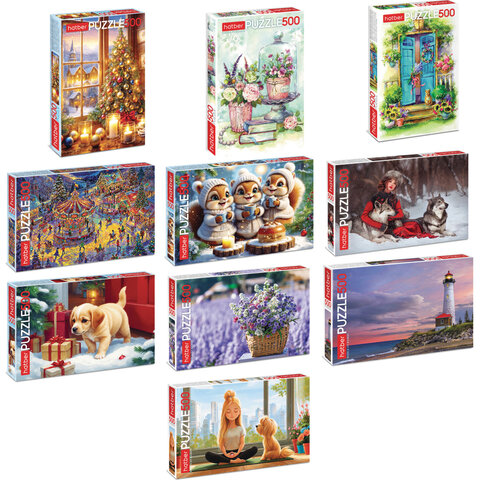 Пазл картонный 500 элементов АССОРТИ, 14 дизайнов, 330х480 мм, HATBER