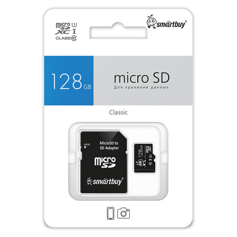 Карта памяти micro SDXC, 128 GB, SMARTBUY, UHS-1 U1, 80 Мб/сек. (class 10), с адаптером, SB128GBSDCL1001