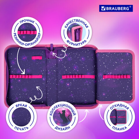 Пенал BRAUBERG, 1 отделение, 1 откидная планка, полиэстер, 21х14 см, "Space cat", 270712