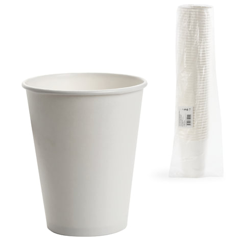 Стакан одноразовый бумажный 300/430 мл, D 90 мм, КОМПЛЕКТ 50 шт., однослойные, белые, холодное/горячее, ФОРМАЦИЯ, HB90-430-0000, HB90-430-0000-5
